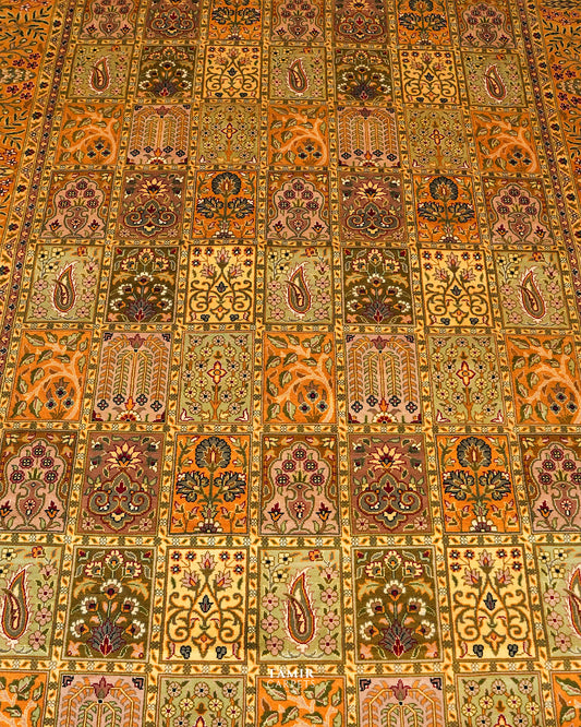Panelled field of the Bakhtiari Mustard rug with floral and cypress motifs