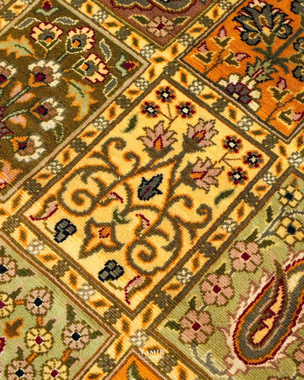 Close-up of the wool pile and organic-dyed colours of the Bakhtiari Mustard rug