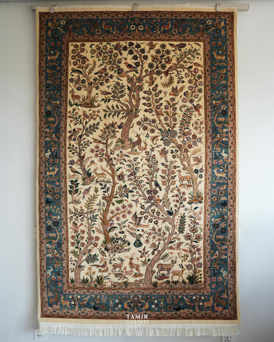 Tree of Life pictorial Afghan handmade wool and silk rug, 4.5x7 ft