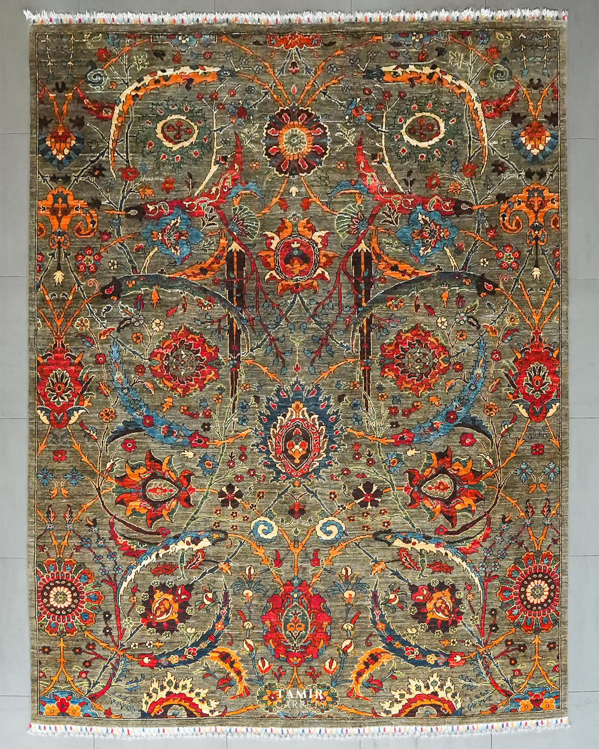 Sickle Leaf Afghan handmade organic handspun wool rug, 8x10 ft