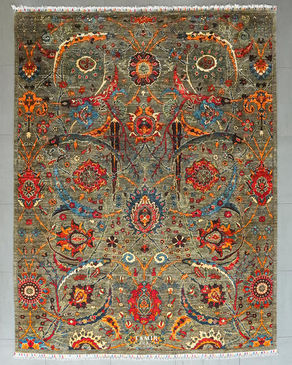 Sickle Leaf Afghan handmade organic handspun wool rug, 8x10 ft