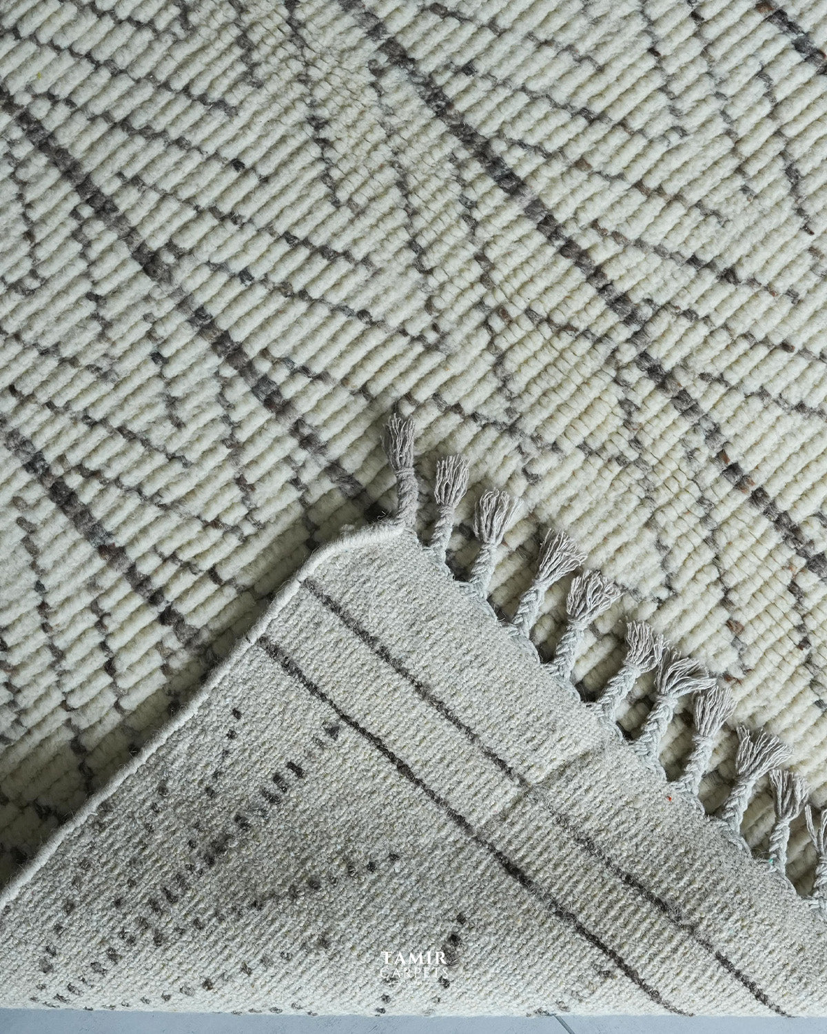 Close-up of a woven area rug with a cream and gray geometric pattern and fringed edge.
