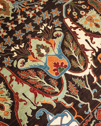 Close-up of an ornate woven rug pattern with a dark brown ground and multicolored floral and scroll motifs in cream, blue, orange, red, and green.