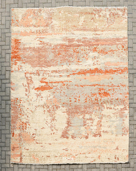 Abstract rust and beige wool rug 9x12 ft, full view of the modern distressed design