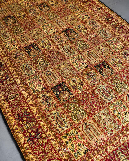Angled view of the tiled garden panels on the Bakhtiari Black 6x9 Persian rug