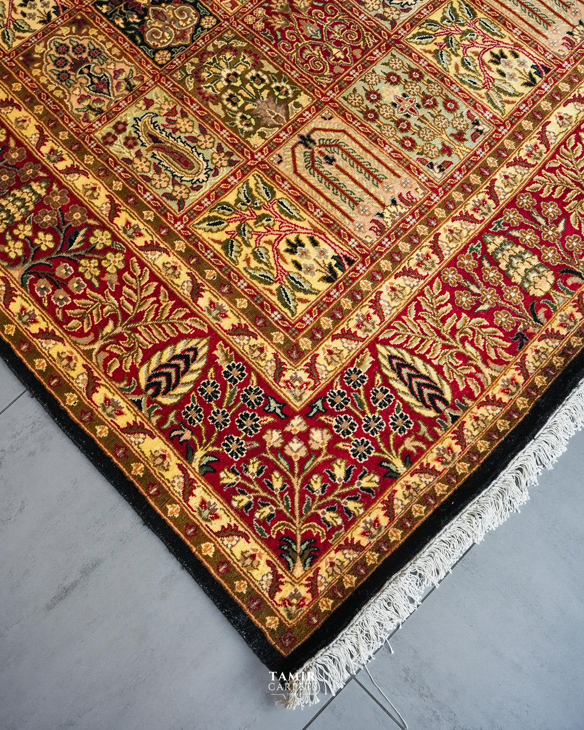 Red and gold border with fringe on the handmade Bakhtiari Black rug