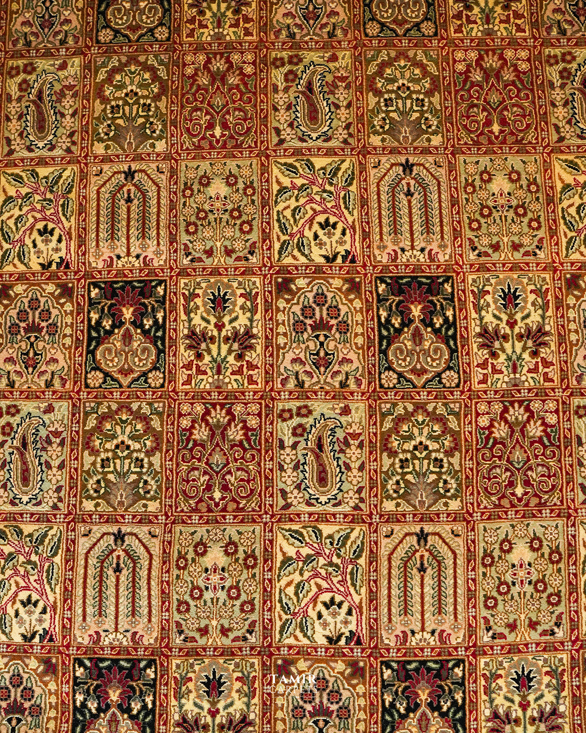 Top view of the Bakhtiari Black rug's panelled field with black accent tiles
