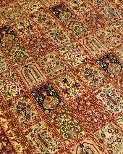 Angled close view of the garden panels on the Bakhtiari Black New Zealand wool rug