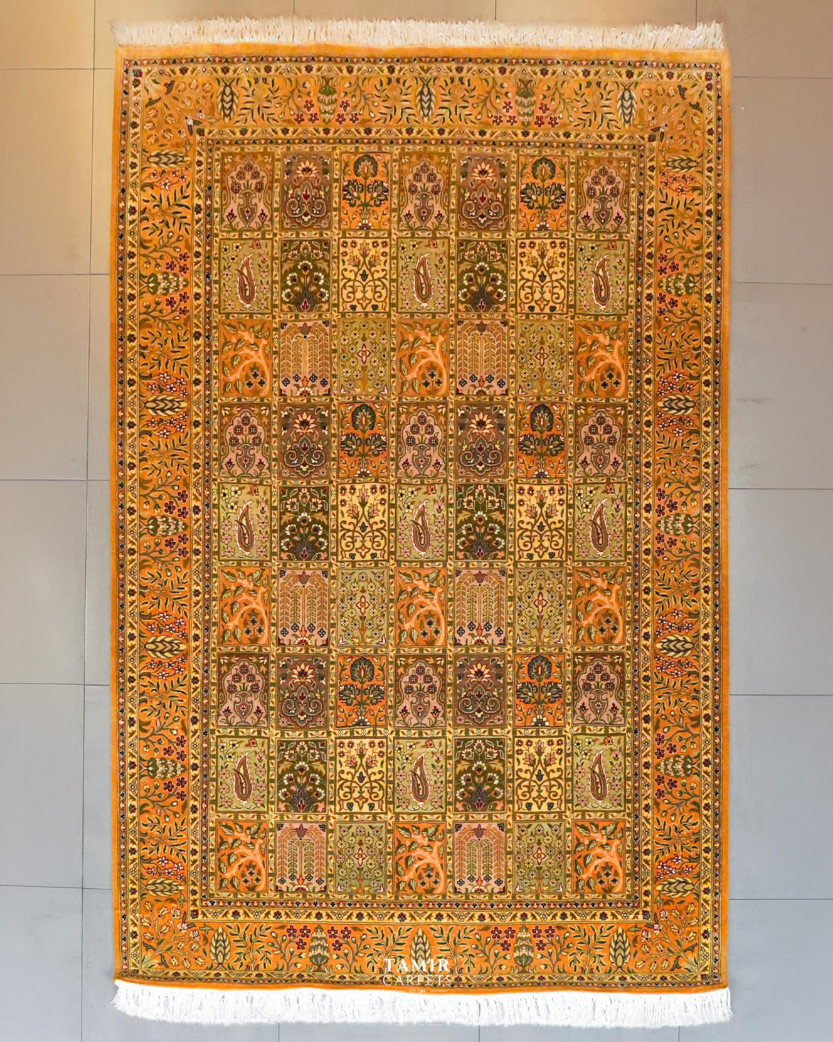 Bakhtiari Mustard Persian wool rug 6x9 ft, full view of the mustard garden-panel design
