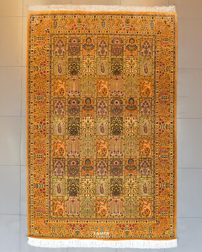 Bakhtiari Mustard Persian wool rug 6x9 ft, full view of the mustard garden-panel design
