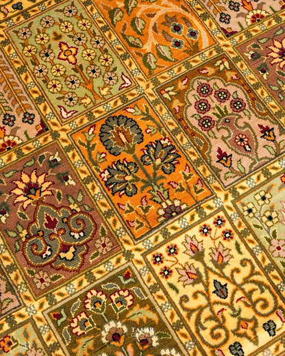 Close-up of floral motifs in the Bakhtiari Mustard New Zealand wool rug