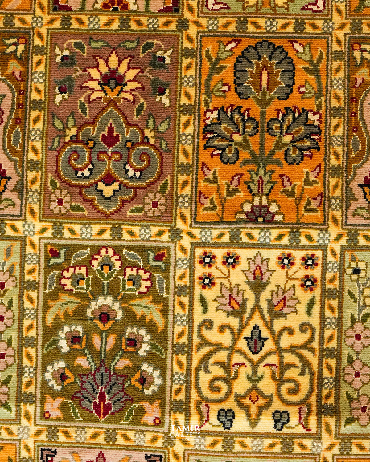 Detail of the garden panels on the Bakhtiari Mustard Persian rug
