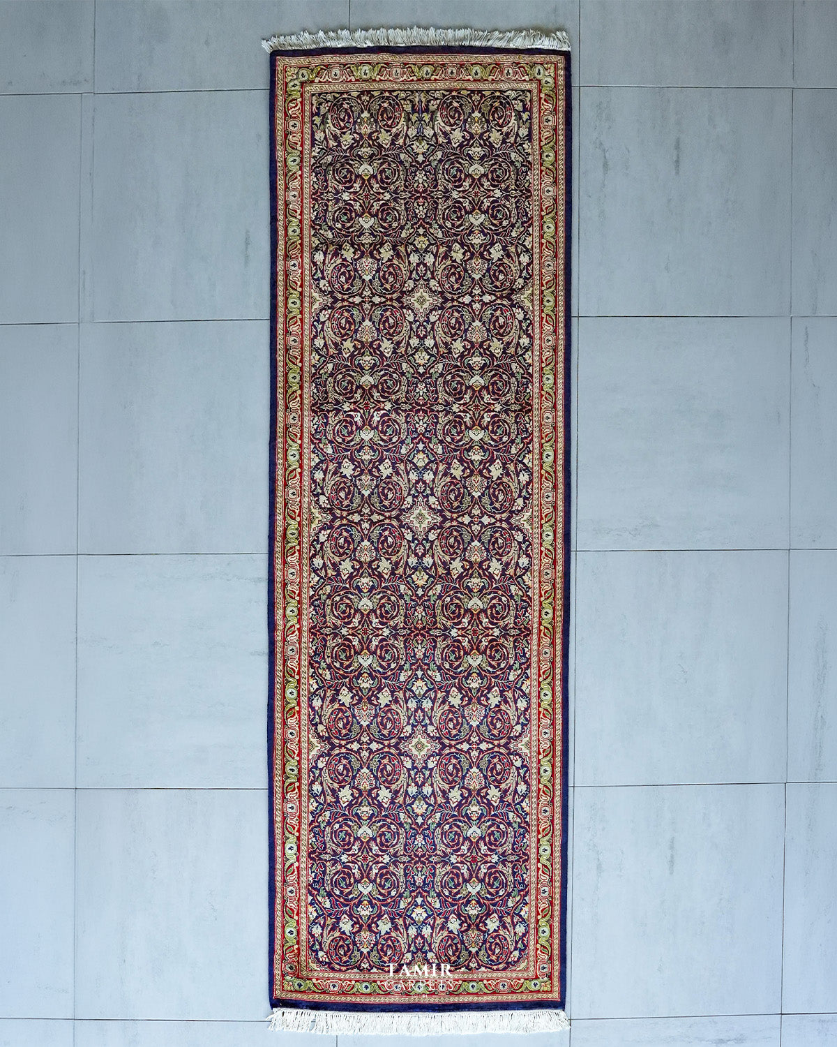 Bakhtiari Runner wool rug 2.5x8 ft, full view of the navy all-over design