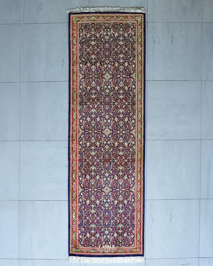 Bakhtiari Runner wool rug 2.5x8 ft, full view of the navy all-over design