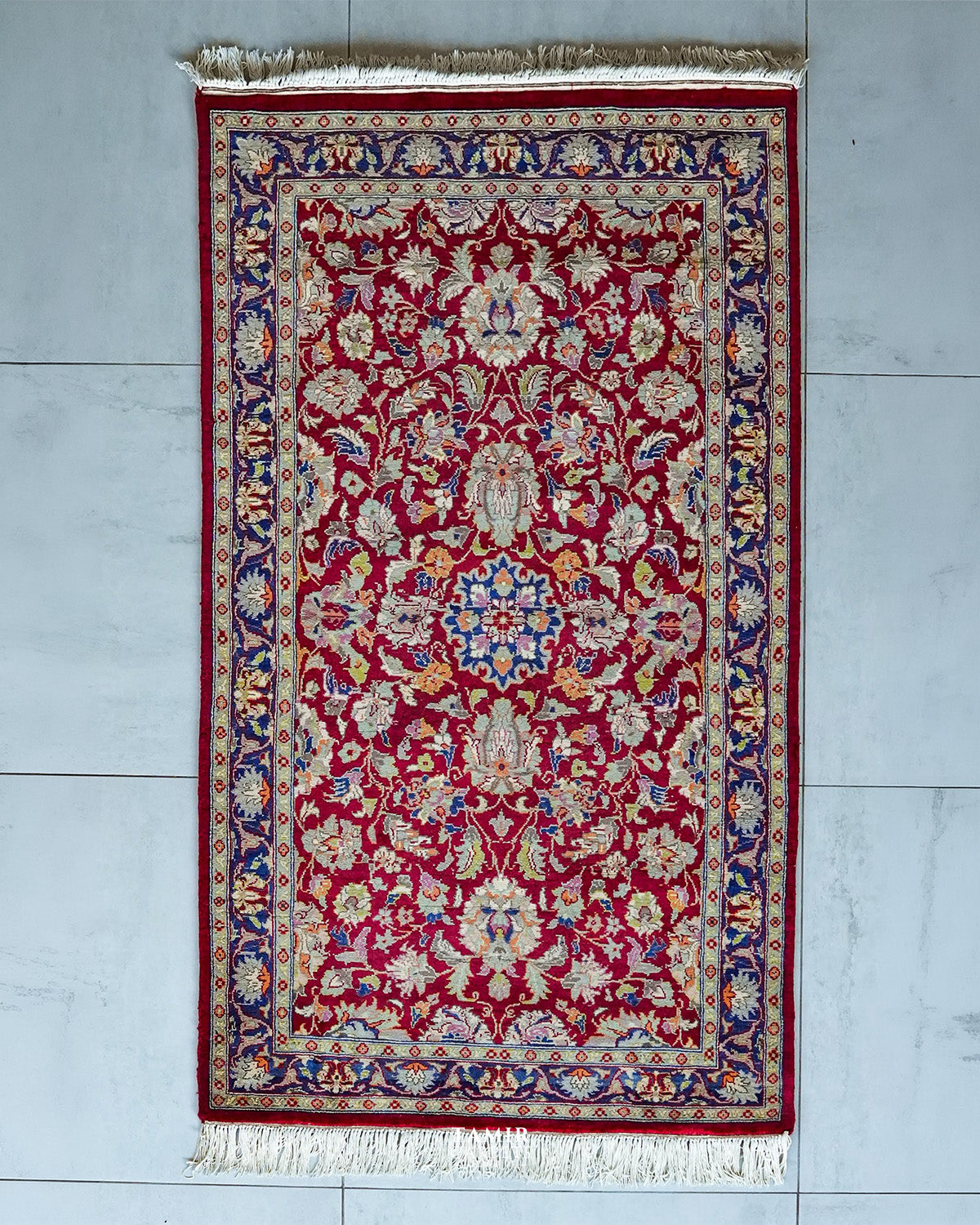 Chobi red and blue Afghan wool rug 3x5 ft, full view with navy border