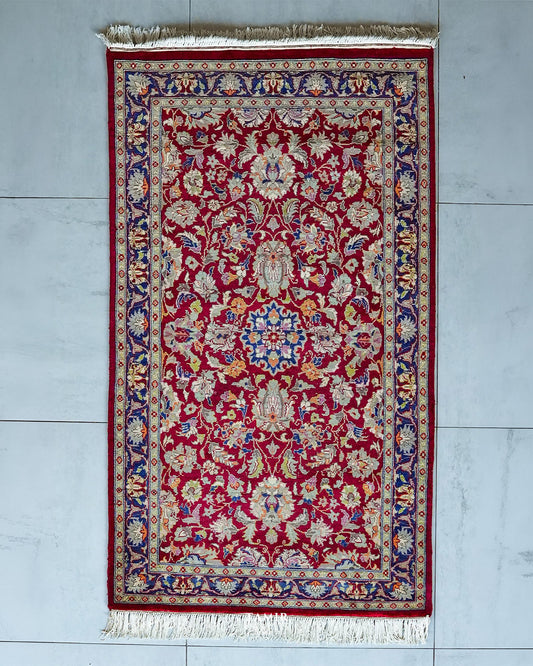 Chobi red and blue Afghan wool rug 3x5 ft, full view with navy border