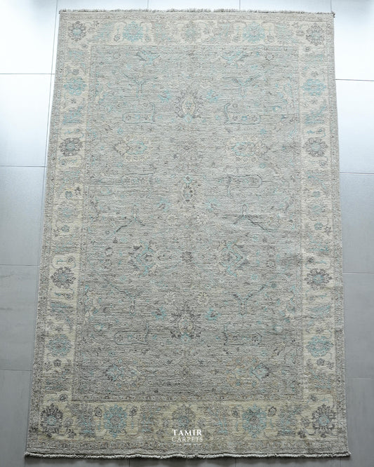 Chobi light grey Afghan wool rug 6x9 ft, full view with cream border
