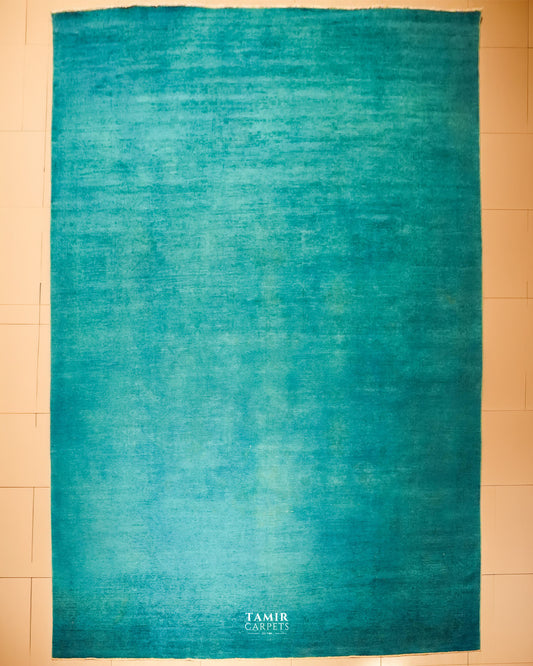 Chobi Overdyed turquoise Afghan wool rug 10x14 ft, full view