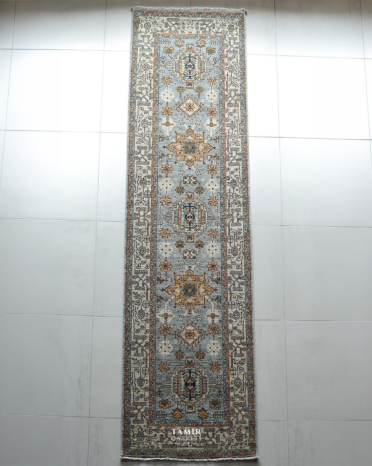 Chobi Runner Afghan wool rug 2.5x10 ft, full view of the grey-blue runner