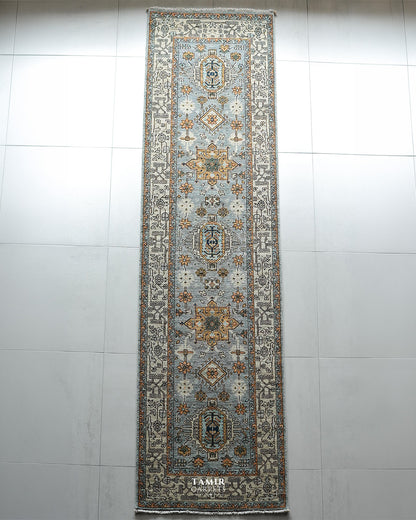 Chobi Runner Afghan wool rug 2.5x10 ft, full view of the grey-blue runner
