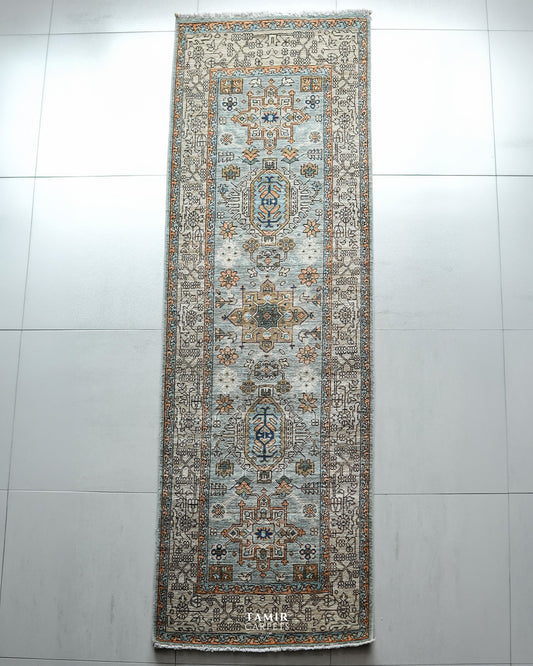 Chobi Runner Afghan wool rug 2.5x8 ft, full view of the pale grey-blue runner