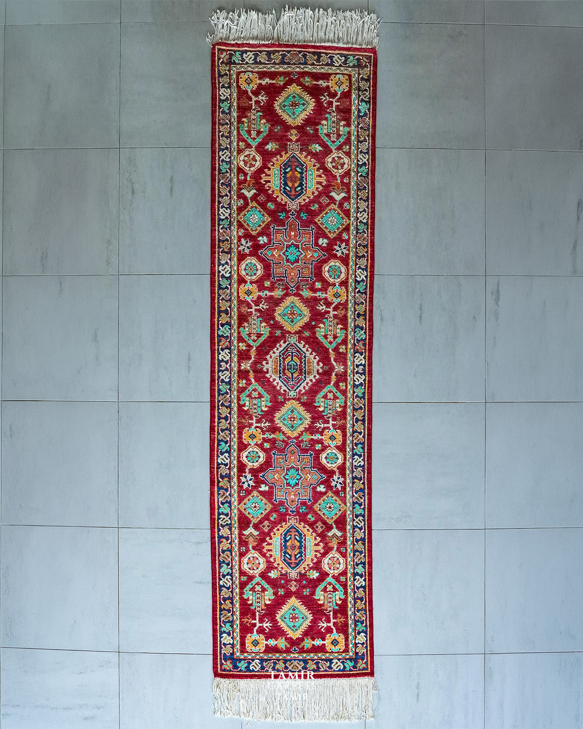 Chobi Runner red wool rug 2.5x10 ft, full view of the tribal medallion runner