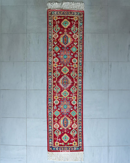 Chobi Runner red wool rug 2.5x10 ft, full view of the tribal medallion runner