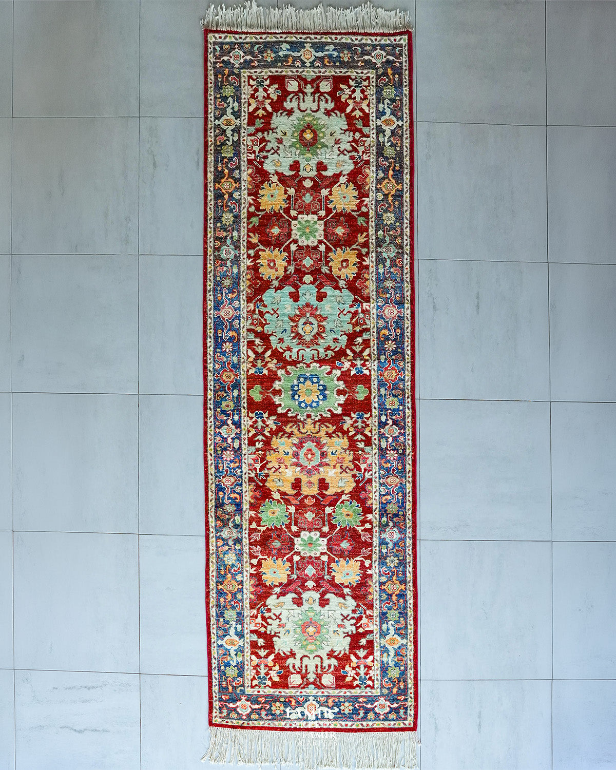 Chobi Runner wool rug 3x10 ft, full view of the red floral runner