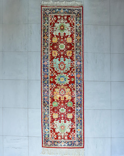 Chobi Runner wool rug 3x10 ft, full view of the red floral runner