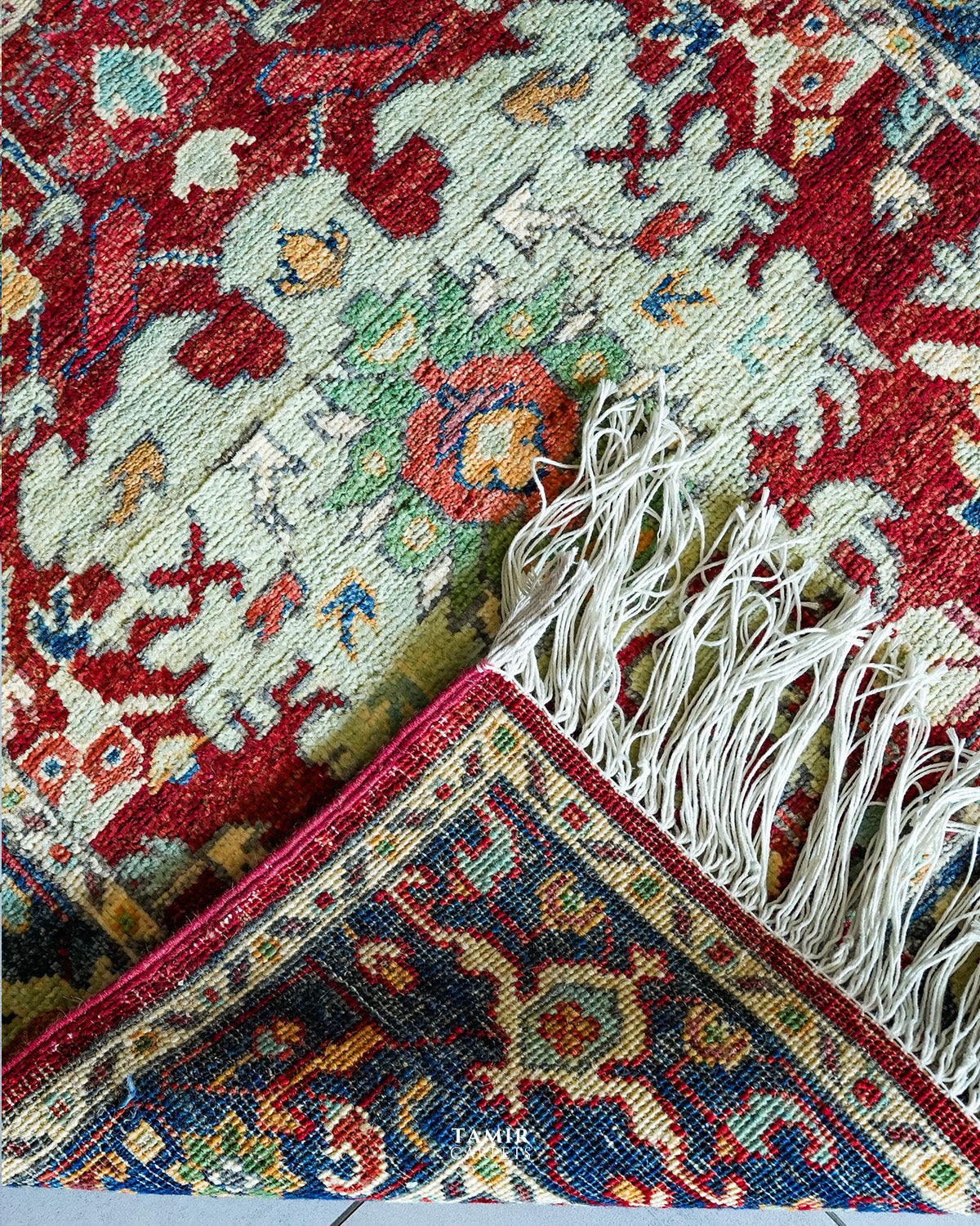 Folded corner showing the back weave of the single-knotted Chobi Runner