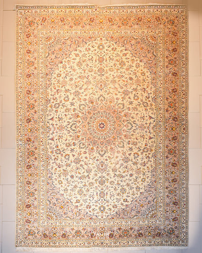 Kashaan Persian wool rug 9x12 ft, full view of the ivory medallion design