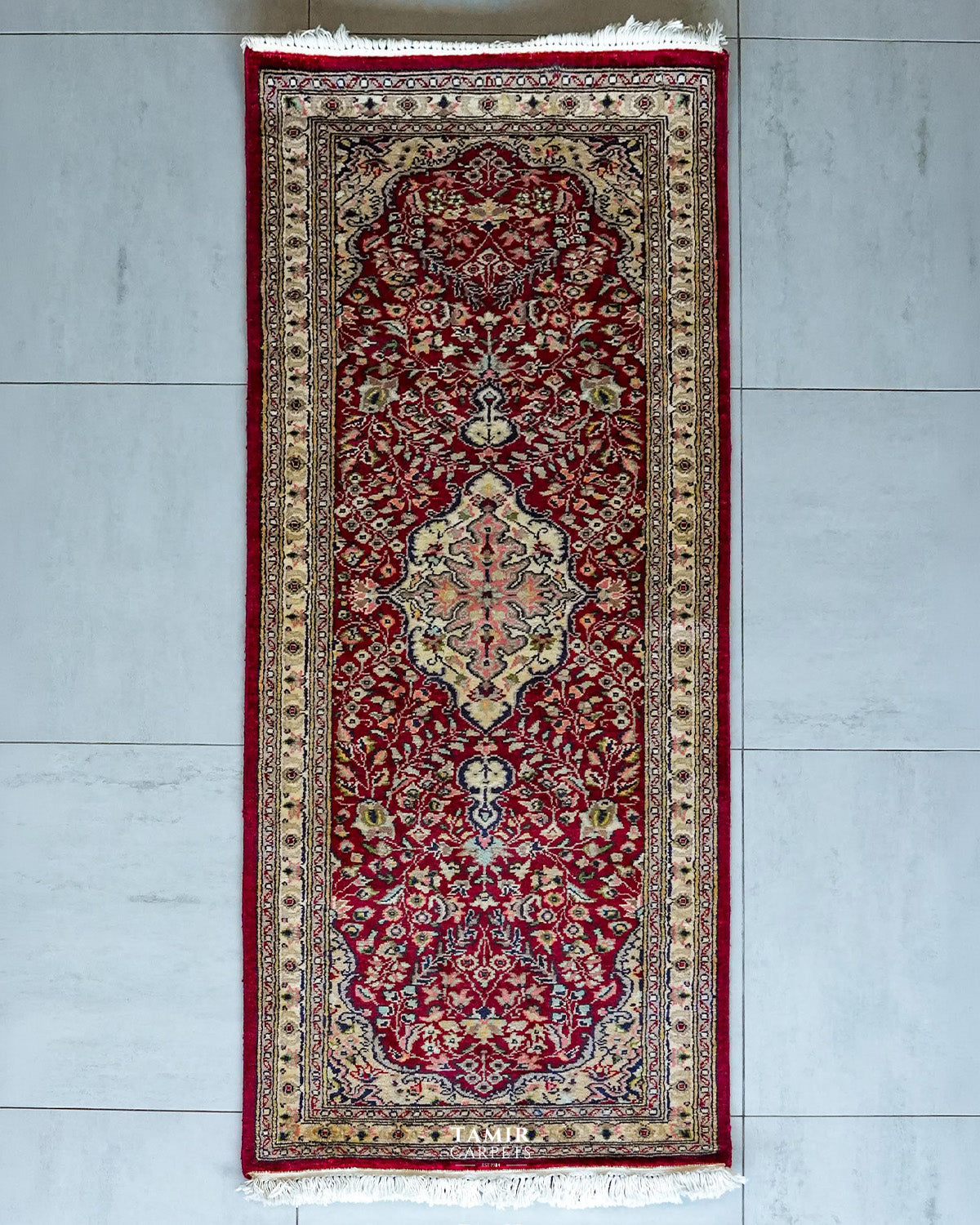 Kashaan Runner wool rug 2x6 ft, full view of the red medallion design
