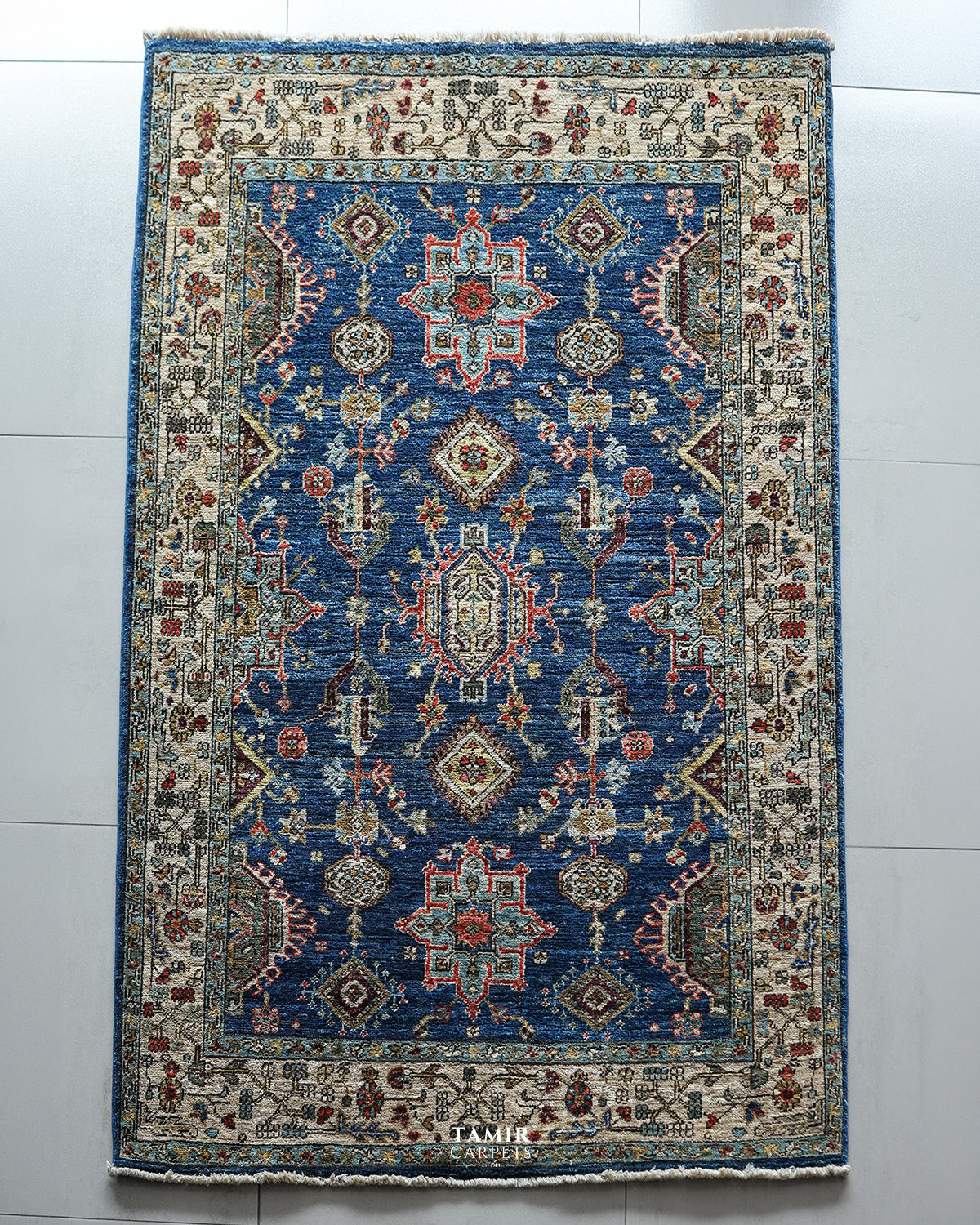 Kazaak Afghan wool rug 4x6 ft, full view of the blue tribal design