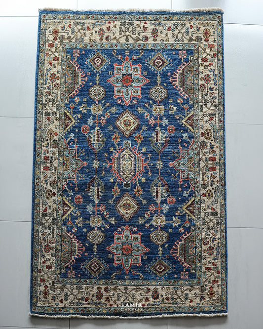 Kazaak Afghan wool rug 4x6 ft, full view of the blue tribal design