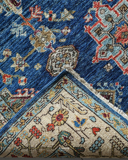 Folded corner showing the back weave of the double-knotted Kazaak rug