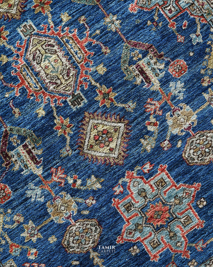 Close-up of tribal Kazak medallions in organic-dyed handspun wool