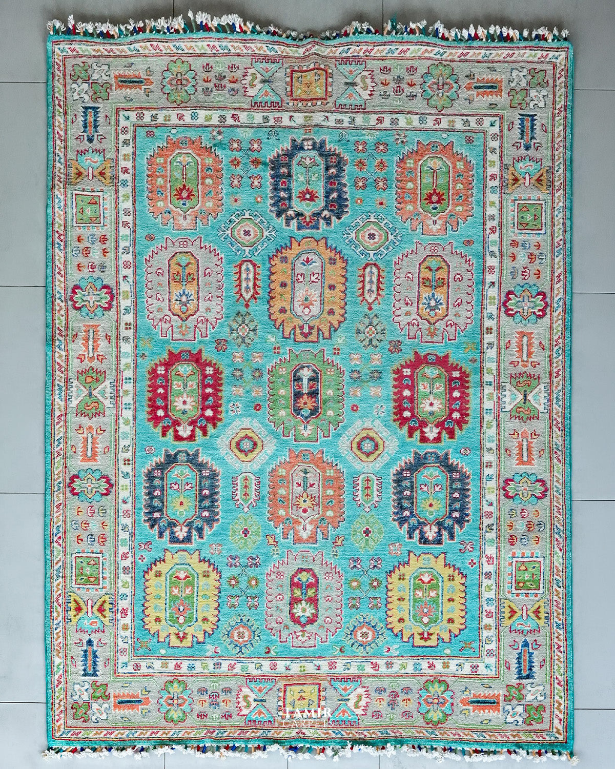Khurjeen blue Afghan wool rug 5x7 ft, full view of the turquoise tribal design