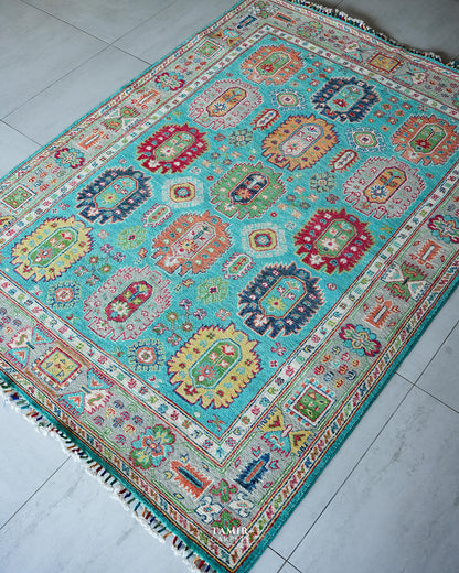 Angled view of the Khurjeen 5x7 rug with colourful tribal medallions