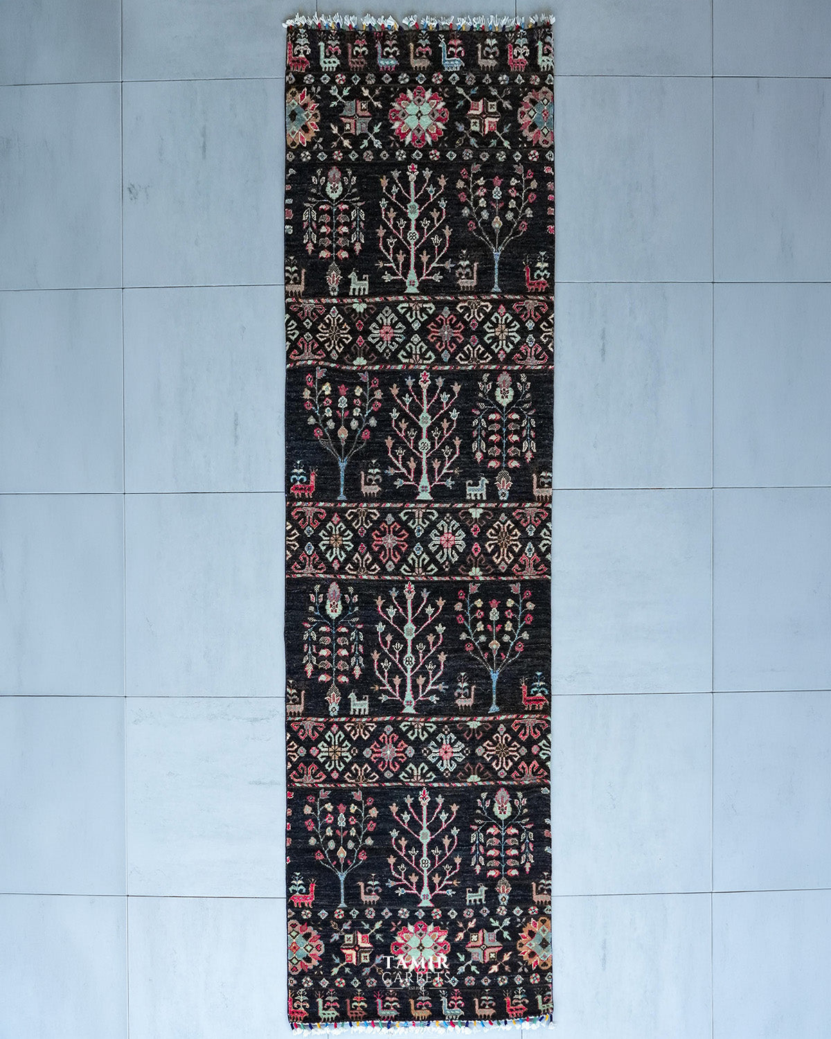 Khurjeen Runner Afghan wool rug 2.5x10 ft, full view of the charcoal tree-of-life design
