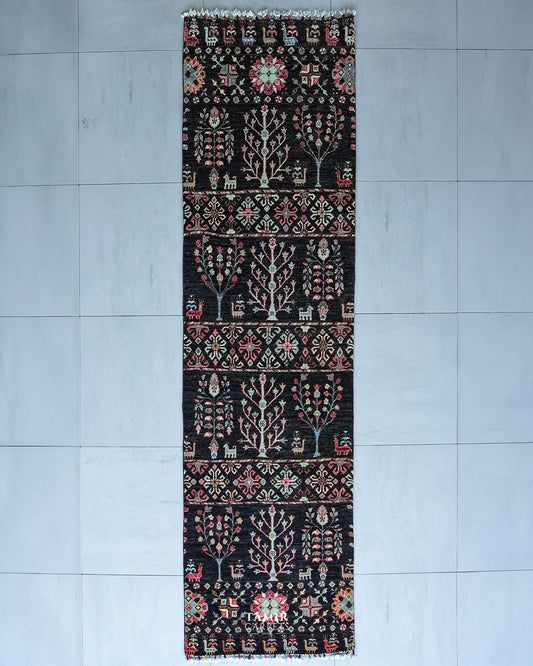 Khurjeen Runner Afghan wool rug 2.5x10 ft, full view of the charcoal tree-of-life design