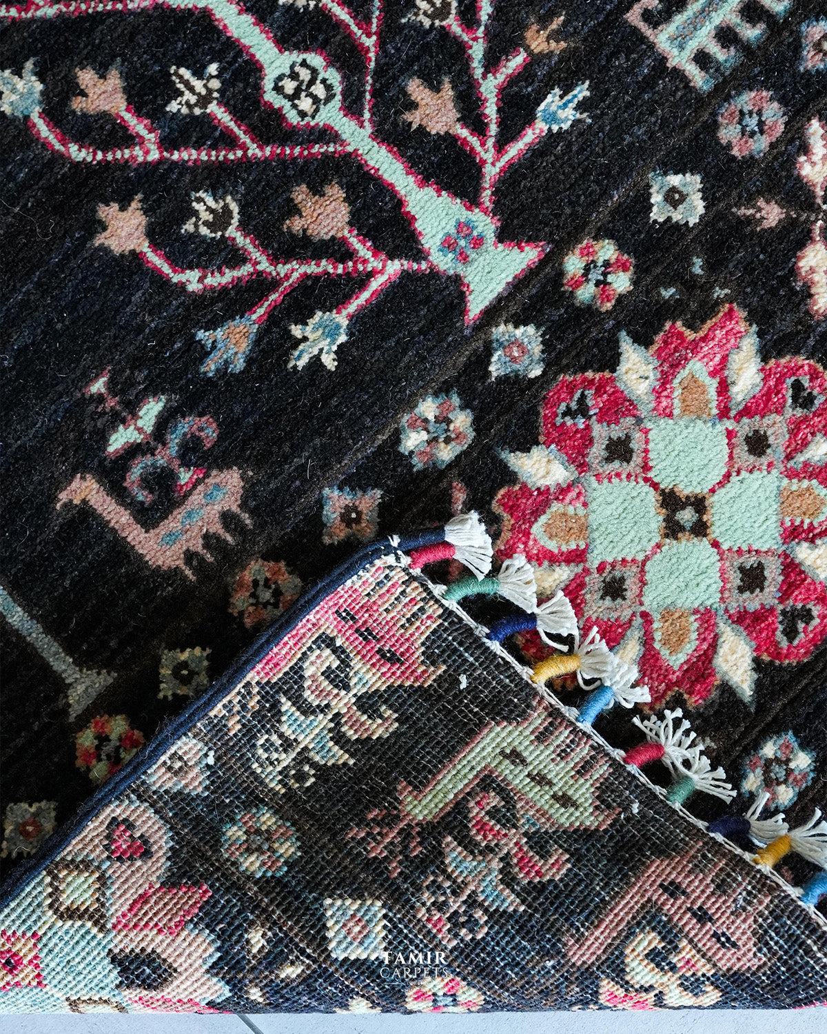 Folded corner showing the back weave of the double-knotted Khurjeen Runner