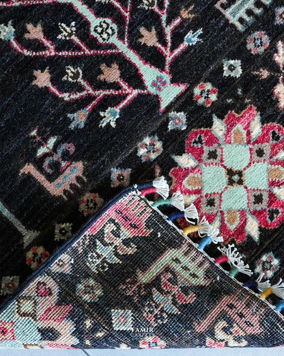 Folded corner showing the back weave of the double-knotted Khurjeen Runner