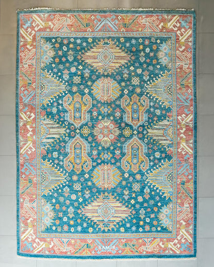 Oushak wool rug 9x12 ft, full view of the teal blue field and pink border