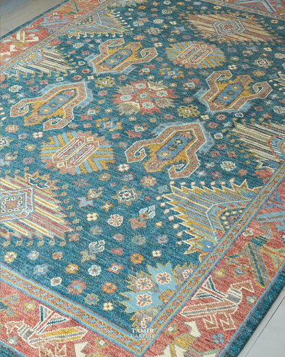 Angled view of the handmade 9x12 Oushak rug's medallion pattern
