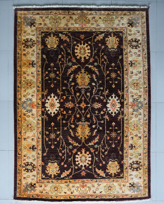 Oushak brown Afghan wool rug 5.5x8 ft, full view with gold floral border