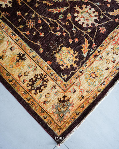Angled corner view of the handmade Oushak 5.5x8 rug