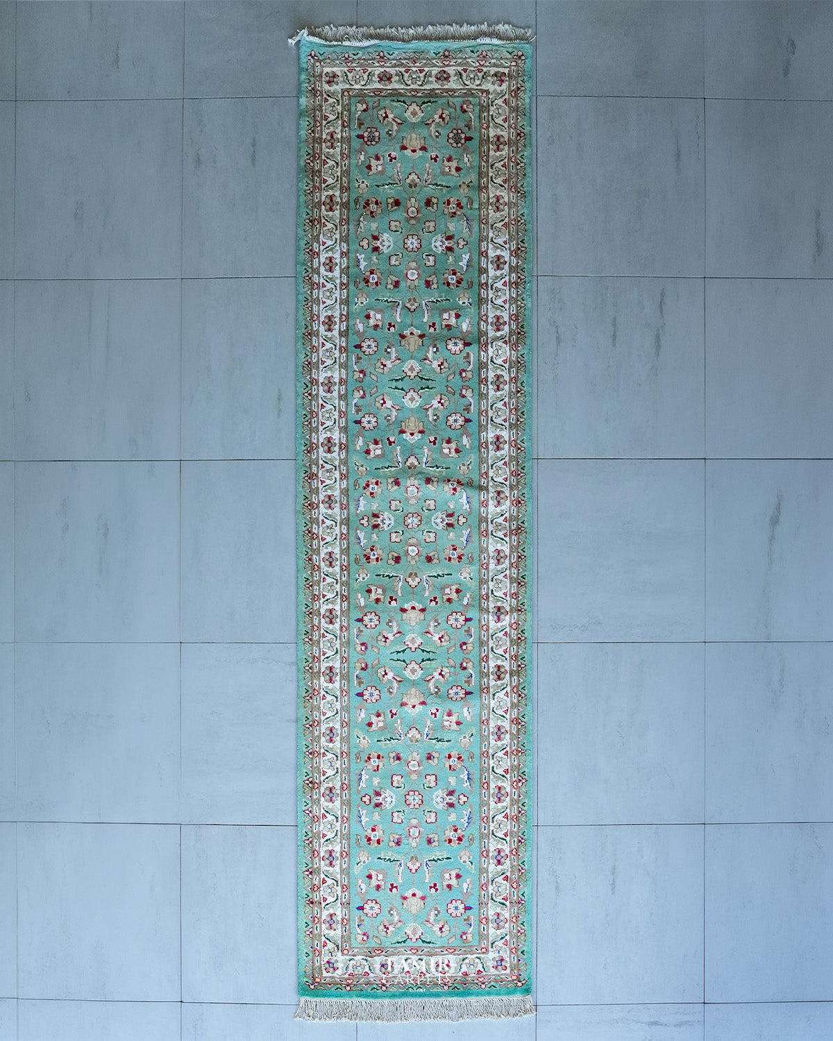 Single Knotted floral runner wool rug 2.5x10 ft, full view of the aqua-green runner