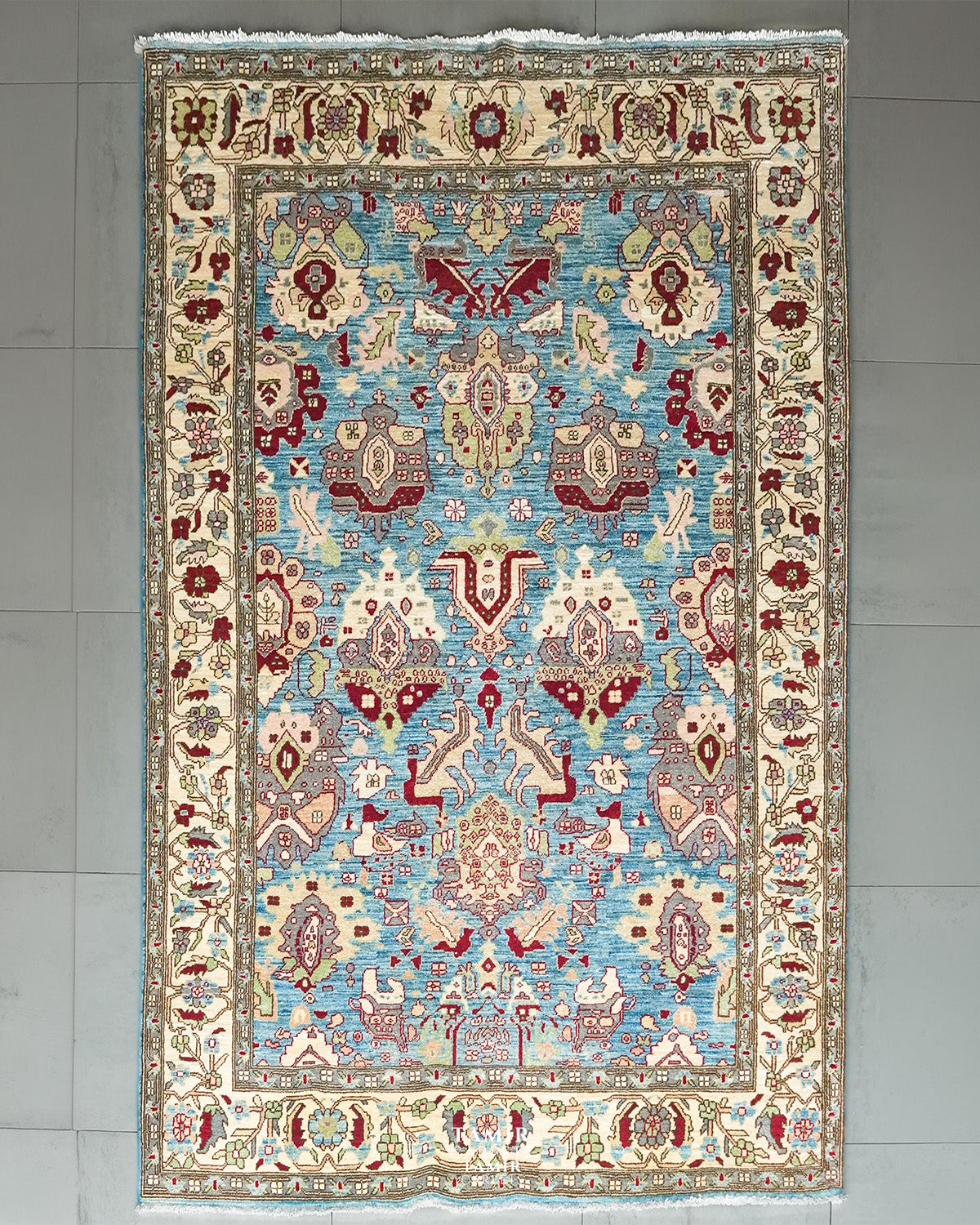 Sultanabad Afghan wool rug 6x9 ft, full view of the sky blue field and ivory border
