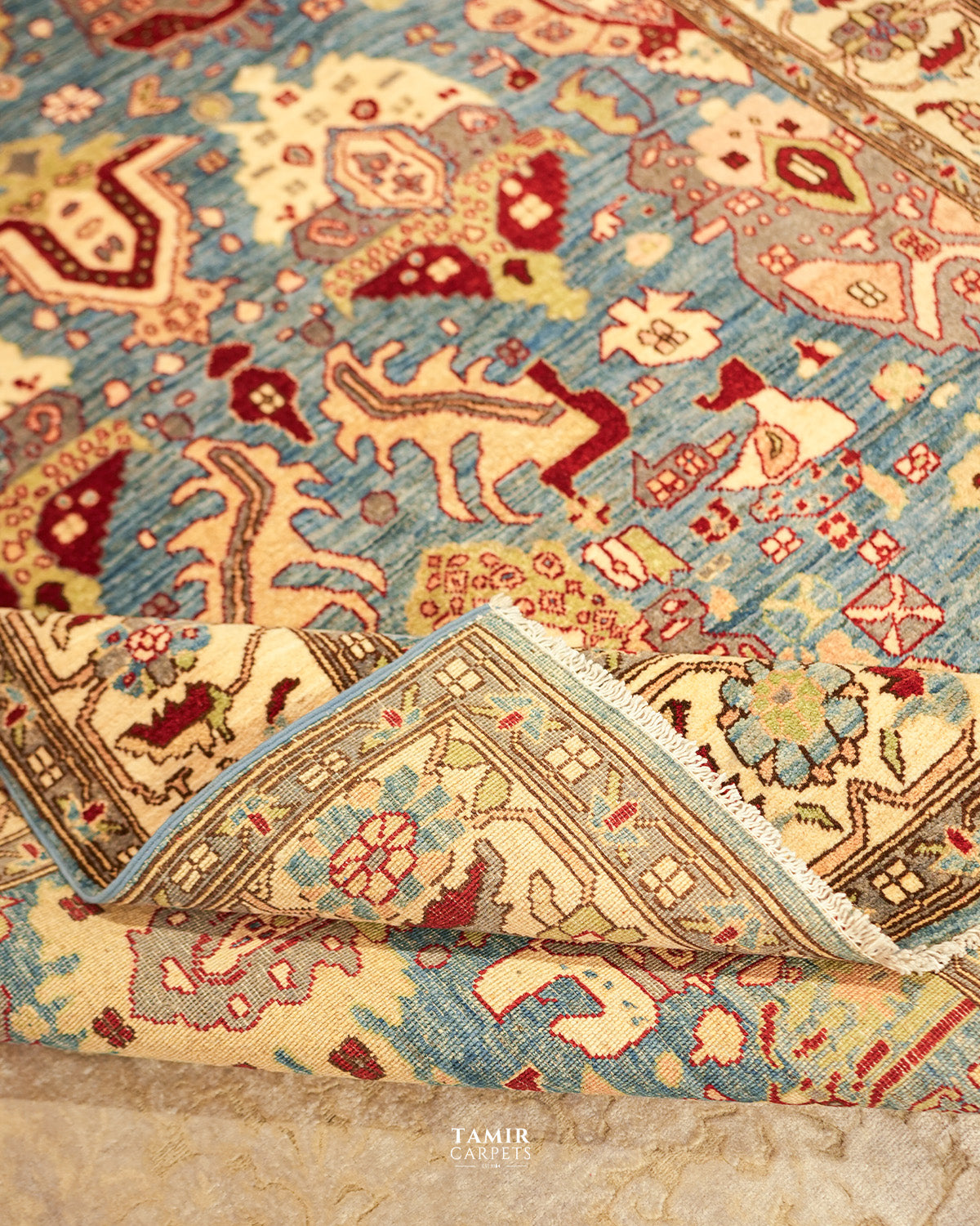 Folded corner showing the back weave of the double-knotted Sultanabad rug