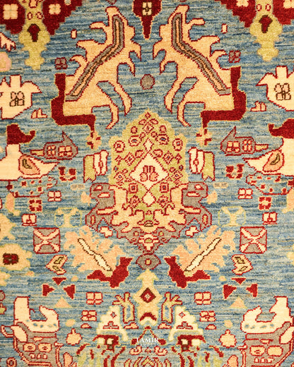 Close-up of the central palmette medallion in organic-dyed wool